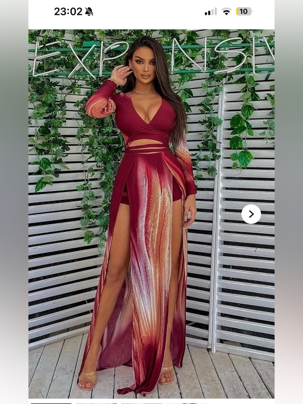 Fashion Nova Burgundy Tie-Front Maxi Dress with Cream and Pink Stripes